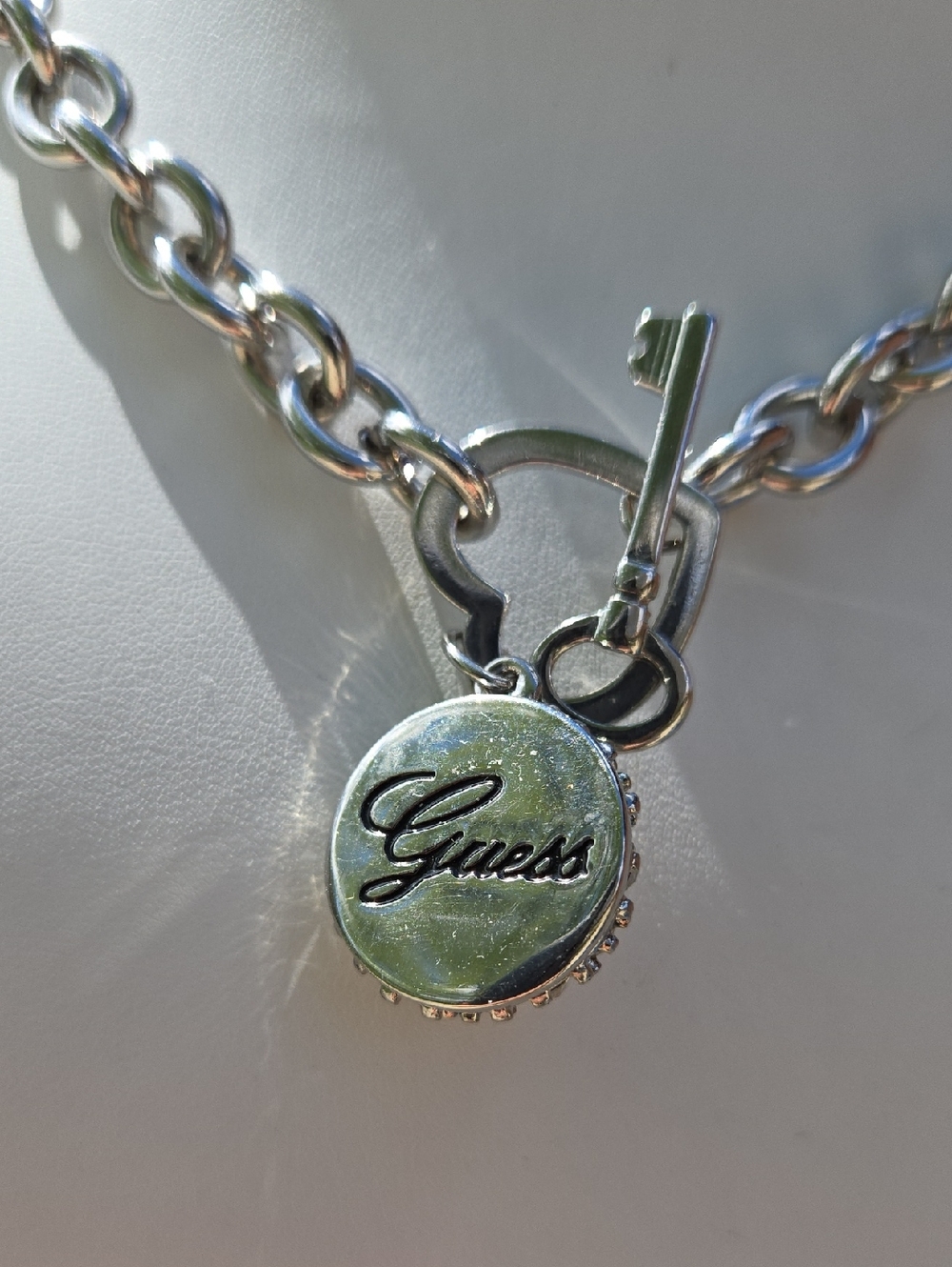 Guess Silver-Tone Crystal Ball Heart Key Toggle Necklace - Women Jewelry - Picture 4 of 16